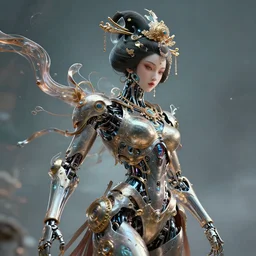 by par olofsson and tristan eaton, visually stunning, cinematic, ultra realistic, hyper realism, 1 2 k, epic, octane render, unreal engine, vfx, maya, the essence of art is passion : fresh air, ornate creature : cyborg geisha, robotic : machina, super intricate ornaments : the fluidity of creativity