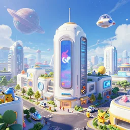 a future urban city, white buildings + colorful decorative + led billboards + brand logo, cute future vehicles, cute spacecraft flying in the air, cute pokemon walking on the street, cute scene, huge universe, alien planet in the sky faraway, sports center faraway, dokev, ratchet & clank, overwatch, splatoon 3