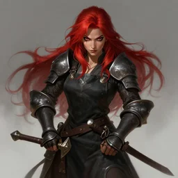 a highly detailed illustration of fierce red haired blacksmith woman wearing blacksmith apron and armor, hyperdetailed perfect face, dramatic working pose, intricate, elegant, highly detailed, centered, digital painting, artstation, concept art, smooth, sharp focus, league of legends concept art, wlop.