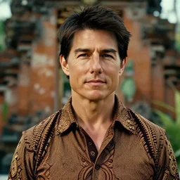 a portrait photo of tom cruise wearing batik bali when holiday in bali, perfect faces, sigma 3 5 mm, cinematic