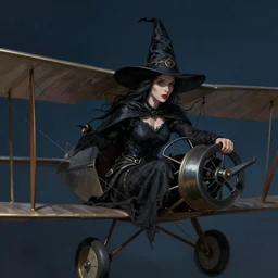 portrait of a witch piloting a biplane at night, medium shot, digital painting, highly detailed, sharp focus, beautiful face, by artgerm and greg rutkowski
