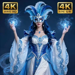 beautiful!! elemental sky witch with intricate ornate blue and white robes and venetian mask and sky powers highly detailed 8 k hdr smooth sharp focus high resolution award - winning photo