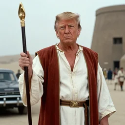 Film still of Donald Trump dressed up as Moses, from the Ten Commandments (1955) directed by Cecil B. DeMille