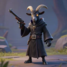 an anthropomorphic black goat wizard in fortnite, black wizard robes, holding a gun, 3 d unreal engine render