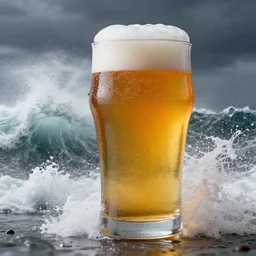 a photorealistic tsunami of amber colored beer