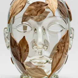 of a glass sculpture close up of a face with lots of woods and leaves concept eclectic, high detail