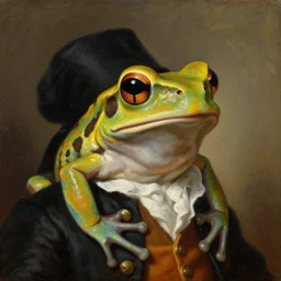 a head and shoulders portrait painting of an anthropomorphic!!!!!!!!!! amazon milk frog!!!!!!!!!! wearing a colonial outfit without a hat looking off camera, a character portrait, romanticism, oil on canvas, visible brushstrokes
