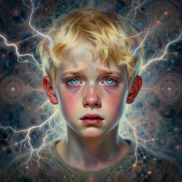 painful expression, powerful symmetrical visionary art by mandy jurgens by android jones, powerful eyes glowing highly detailed painting of deep sadness alone, very young blonde boy spiritual portrait, fractal electricity surrounding him, expressive emotional sadness piece, symmetrical, trending on art station, abstract emotional sadness expression, very very very beautiful, fantasy digital art, highly detailed patterned visionary art, intricate detail, magic symbols and patterns, beautiful eyes