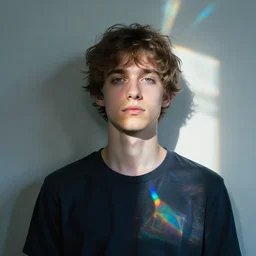 “Ivan the prismatic person, refracted light, calm, caustics, light rays shining through, 4k photo”