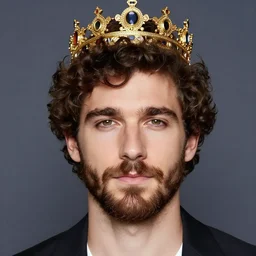 french handsome man with curly short brown hair and a big nose and a brown goatee with a luxury crown