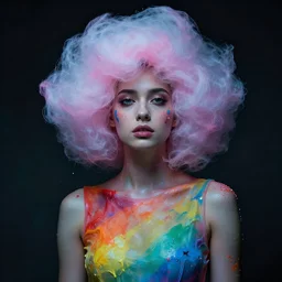 dramatic lighting photo of a beautiful young woman wearing rainbow a latext suit with cotton candy hair. paint splashes. moody and melancholy. with a little bit of rainbow colors and glitter. digital art by beeple