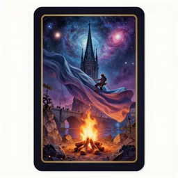 dixit card, campfire, meteor, galaxy, rock climber, billowing cloth, focal point, character, prague bridge, spire, dark fantasy. intricate, amazing composition, colorful watercolor, by ruan jia, by maxfield parrish, by shaun tan, by nc wyeth, by michael whelan, by escher, illustration, nightmare, backlit, volumetric