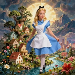 giant alice in wonderland, pin up, houses, trees, mountains, woman, city, digital art, photo, blue dress, photoshop, flowers, collage, river