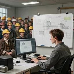 a software engineer sits in front of a computer typing with an architecture diagram on a whiteboard behind him and 100 other engineers watching him painted in the style of delacroix