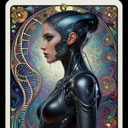 Cyberpunk and altered carbon, Maya Ali as a cyber sorceress, side view, tarot card, sweat drops, fibonacci, fractals, insane, prismatic, intricate, highly detailed, digital painting, artstation, concept art, smooth, sharp focus, illustration, Unreal Engine 5, 8K, art by artgerm and greg rutkowski and alphonse mucha