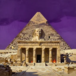 breathtaking detailed painting of an overgrown temple on the ruins of egypts, by ayami kojima, ruan jia and brom, a sky of night amethyst ruby, pale twilight stained glass, amalgamation of embers, 8 k, concept art, matte, sharp focus, rembrandt style