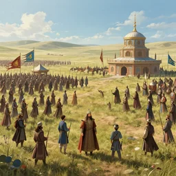 A Kazakh khanate medieval landscape of the army with Khans and flags by simon stålenhag, rendered by Beeple, by Makoto Shinkai, syd meade, concept, digital art, unreal engine, WLOP, trending on artstation, 4K UHD image, octane render,