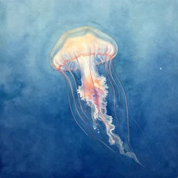 a realist watercolor painting of a jellyfish underwater, in the style of joseph zbukvic