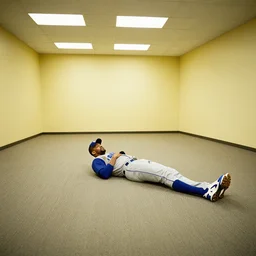 sammy sosa lost in huge empty office spaces, walls are light yellow, carpeted floor, liminal, poorly lit,
