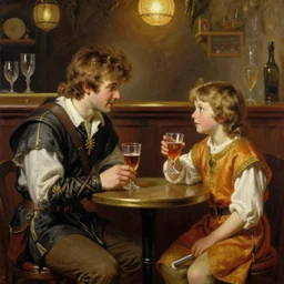 attractive arthur pendragon and attractive merlin, both around 2 5 years old go to a pub together to have some drinks. highly detailed painting by gaston bussiere, craig mullins, j. c. leyendecker 8 k