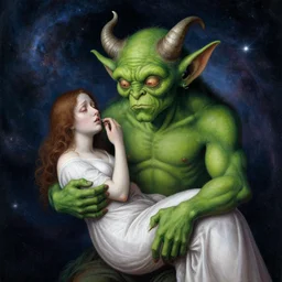 a green-horned goblin monster holding a crying woman in a nebula, by Jan van Eyck