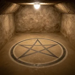 a basement cellar with a pentagram painted on the floor