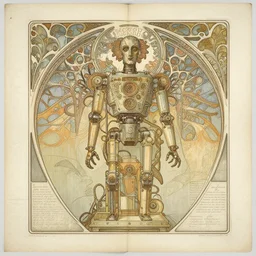 beautiful, symmetric, art nouveau, detailed, intricate technical drawings on parchment from 1 8 4 0 with extensive written labels and covered in scribbled pencil notes in open space, for a mechanical art creation drawing robot, by ron cobb and alphonse mucha