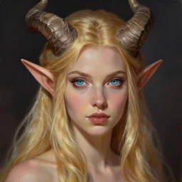 A head-on detailed oil fantasy portrait of a pretty elf woman with horns, long blonde hair and bright irises, by greg rutkowski, trending on artstation, dungeon and dragons art