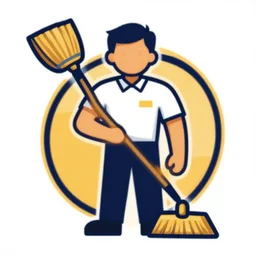 janitor holding broom, vector logo, professional sports style, flat colours, bright colours, SVG, professional, sharp edges