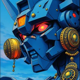 risograph grainy painting of gigantic huge evangelion - like gundam mech face, with huge earrings and rings around head with a lot of details, covered with rich jewelry, blue hour, twilight, by moebius and dirk dzimirsky and satisho kon, close - up wide portrait
