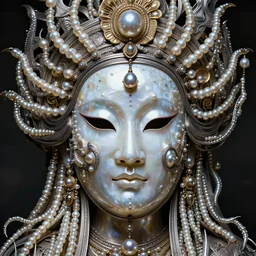 hyperrealism, detailed textures, award winning autochrome photo, symetrical japanese pearl medusa queen autochrome pearl portrait, pearl silverplate, intricate, detailed facial pearl animal mask, pearl, golden jewelery, silverplate, ultra realistic, cinematic, intricate, cinematic light by steve mccurry, unreal engine 8 k