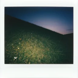 polaroid photo of a empty steep grass hill, flash photography, nighttime, uncanny photo