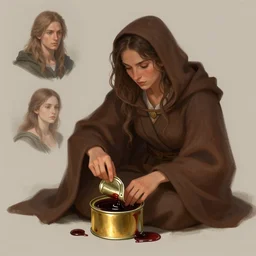 fantasy illustration of a robed woman opening a small gold cannister full of dark liquid, trending on artstation, digital art ( by jesper ejsing ) ( by clint cearley ) ( by raluca marinescu )