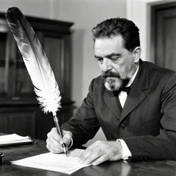 black and white photograph from the early 1 9 0 0 s of fidel castro signing the declaration of independence with a giant!!!!! feathered!!! pen!!!!! wooden furniture out of focus in the background, high quality, hyperdetailed