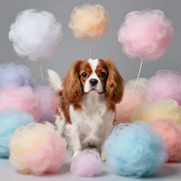 fluffy cotton wool balls of many different colors, cavalier king charles spaniel, surrounded by cotton wool balls, cotton candy, art by artgerm