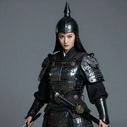 full portrait of female vampire jinyiwei wearing black heavy armor and pointed helmet, stern, agile, elegant, imposing, jinyiwei, embroidered uniform guard, secret agent, detective, chinese armor, historical armor, pointed helmet, katana, nodachi, japanese sword, ming dynasty, detailed, realistic face, anatomically accurate, fantasy art.