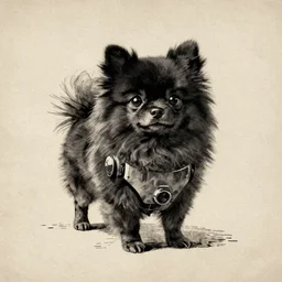 a cute black robot pomeranian!!!. ( ( ( alcohol ink on parchment, muted colors, shading!!!, detailed, textured parchment background, 1 9 5 0 s concept art ) ) )