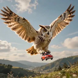 a giant owl flying off with a toy car in its talons, digital art by greg rutkowski