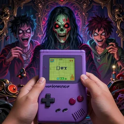 horror kid playing gameboy, hyper detailed, colorful palette, masterpiece, ornate dark, suehiro moaruo, katsuhiro otomo, shintaro kago, cgsociety, octane render, ambient light