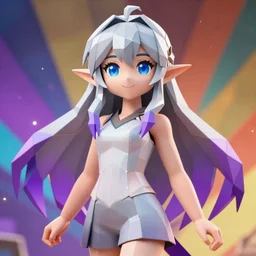 Render of a very beautiful 3d anime girl, elf girl, full body, long silver hair purple tips, azure blue eyes, full round face, low poly backgrouns with vibrant colors, short smile, medium shot, mid-shot, cinematic lightning, high detail, artstation