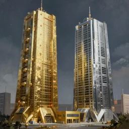 a beautiful hyper realistic detailed painting of 2 gigantic tall quantum computers in the middle, gold and silver and brass, by beksinski, beeple, unreal engine
