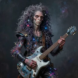 beautiful oil painting with high detail of a Gollum with long curly hair made of stars and nebulas, holding a futuristic electric guitar and art direction by James Cameron; by artgerm; wayne reynolds art station; cinematic quality character render; low angle; ultra high quality model; production quality cinema model; Fleshless