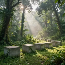 jungle scene with open canopies, god-ray lights shining down from the sky, gentle fog in the distance. There is 8 polished concrete blocks, 6ft by 6ft in size and width with vines travelling from near to far in a steady line. There is a gentle fog rolling in