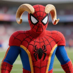 a closeup photorealistic photograph of a colorful knitted spider man themed rams football player. professional capture. bright scene. this 4 k hd image is trending on artstation, featured on behance, well - rendered, extra crisp, features intricate detail, epic composition and the style of unreal engine.