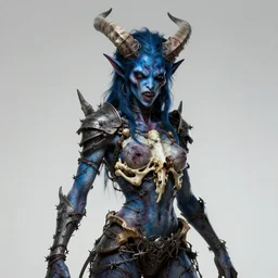 A creepy armored horned fanged demon woman with blue scarred skin wrapped in barbed wire. Extremely high detail, realistic, fantasy art, solo, bones, masterpiece, saturated colors, art by