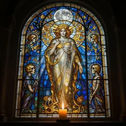 imagination, stained glass masterpiece close to a candle in dark room,  cinematic, powerful, moon beams dramatic light, highly, intricate gold elements, hollow souls, detailed, digital painting, artstation, concept art, sharp focus, illustration, art by artgerm and greg rutkowski and alphonse mucha