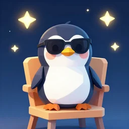 digital art of a cute and small penguin! sitting on a chair at night, wearing sunglasses! some stars on the background, detailed, bright stars, vector art, by emiliano ponzi, by tom whalen, trending on polycount, private press, low poly, 3 d, sketchfab