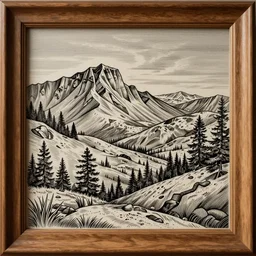 a illustration wood frame engraving with extreme intrincate details