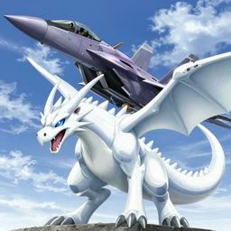 Blue-Eyes White Dragon yugioh anime attacking collosal monolithic f-15 raptor jet fighter high definition DSLR 8k octane render on artstation golden hour detailed concept art, Eddie Mendoza