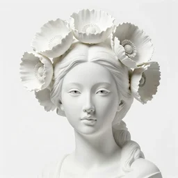 full head and shoulders, beautiful female porcelain sculpture by daniel arsham and raoul marks, smooth, all white features on a white background, delicate facial features, twenty black eyes, white lashes, detailed white 3 d giant poppies on the head